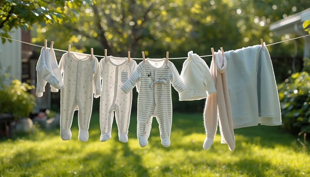 Parent washing newborn baby clothes with gentle baby-safe laundry detergent.