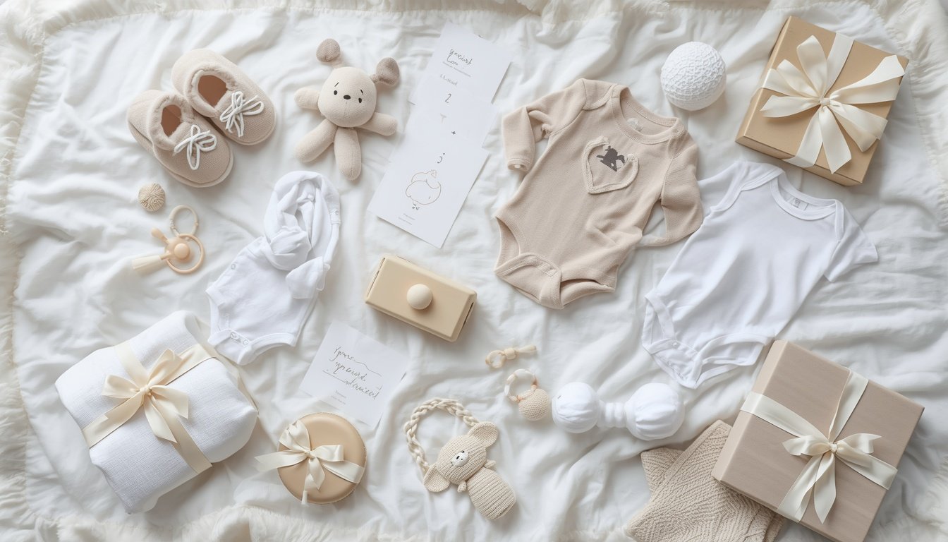 Beautiful newborn baby gift basket with baby clothes, blankets, plush toys, bottles, and essential baby care items.
