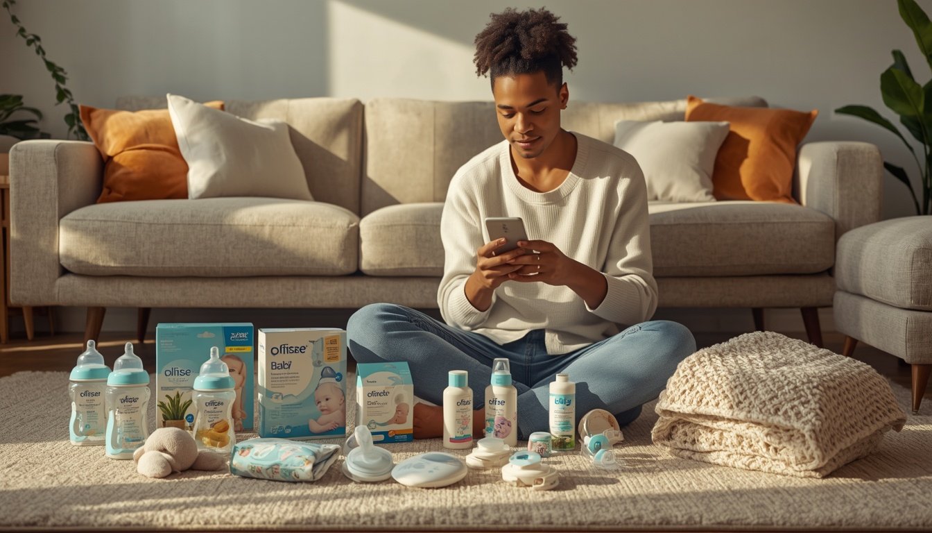 New parents comparing baby products in a store before making a purchase.