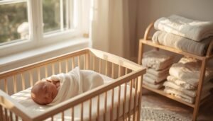 Different baby blanket fabrics including muslin, cotton, bamboo, and fleece neatly arranged for comparison.