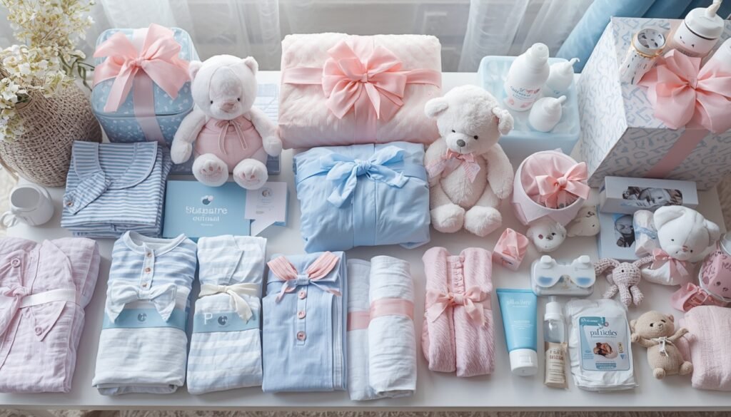 Complete newborn essentials setup with baby clothes, diaper bag, bottles, stroller, and nursery accessories.