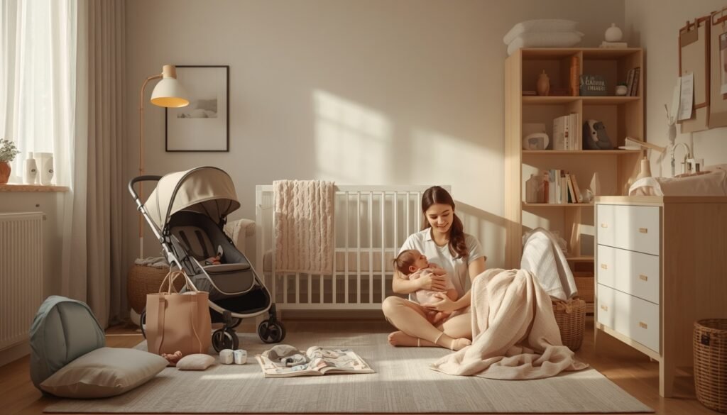 Top 10 must-have baby products for new parents including a stroller, crib, bottles, diapers, and baby monitor.