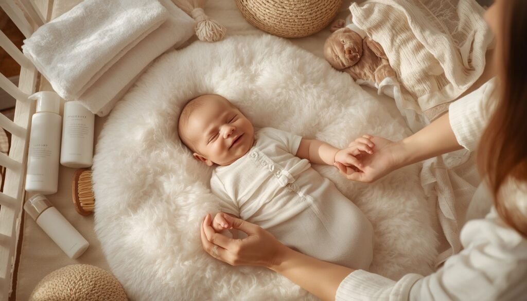 Parent applying gentle baby lotion to a newborn's soft skin after bath time.